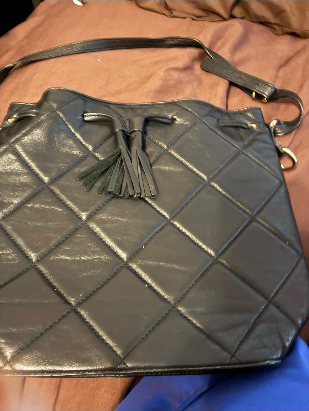 Valentina Black Quilted Leather Shoulder Bag with Tassel Drawstring